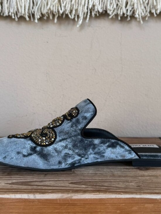 Steve Madden Hyde Blue Velvet Beaded Snake Slip on Flat Loafer Mules Size 8.5 - Picture 9 of 14